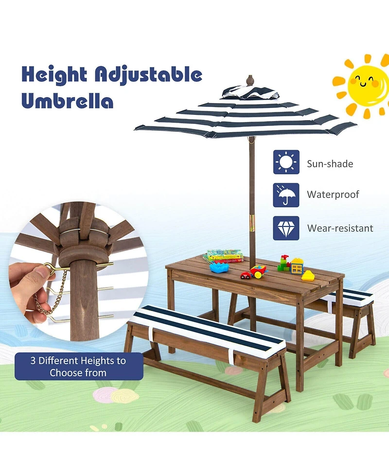 Kids Picnic Table Set with Benches, Cushions, and Adjustable Height Umbrella
