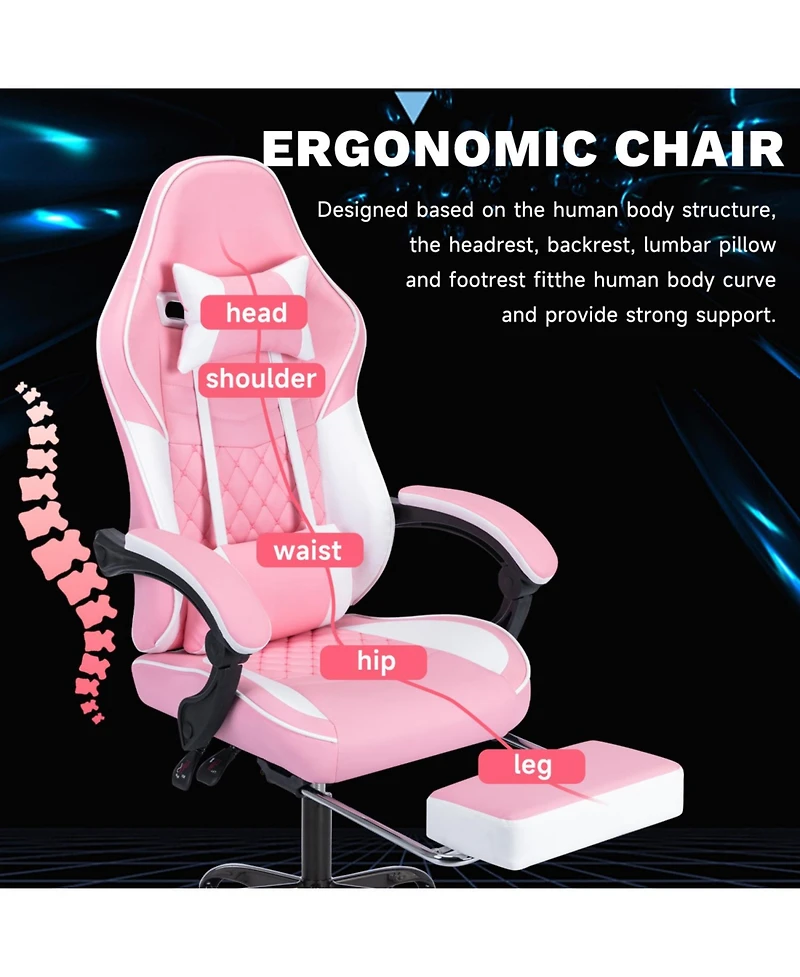 Streamdale Furniture Pink White Gaming Chair with Massage & Footrest