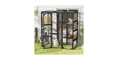 Aostirmotor Outdoor Cat House Double Door Playpen with Condo Black Brown