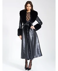 Miss Circle Women Zaida Black Faux Fur Trim Leather Coat