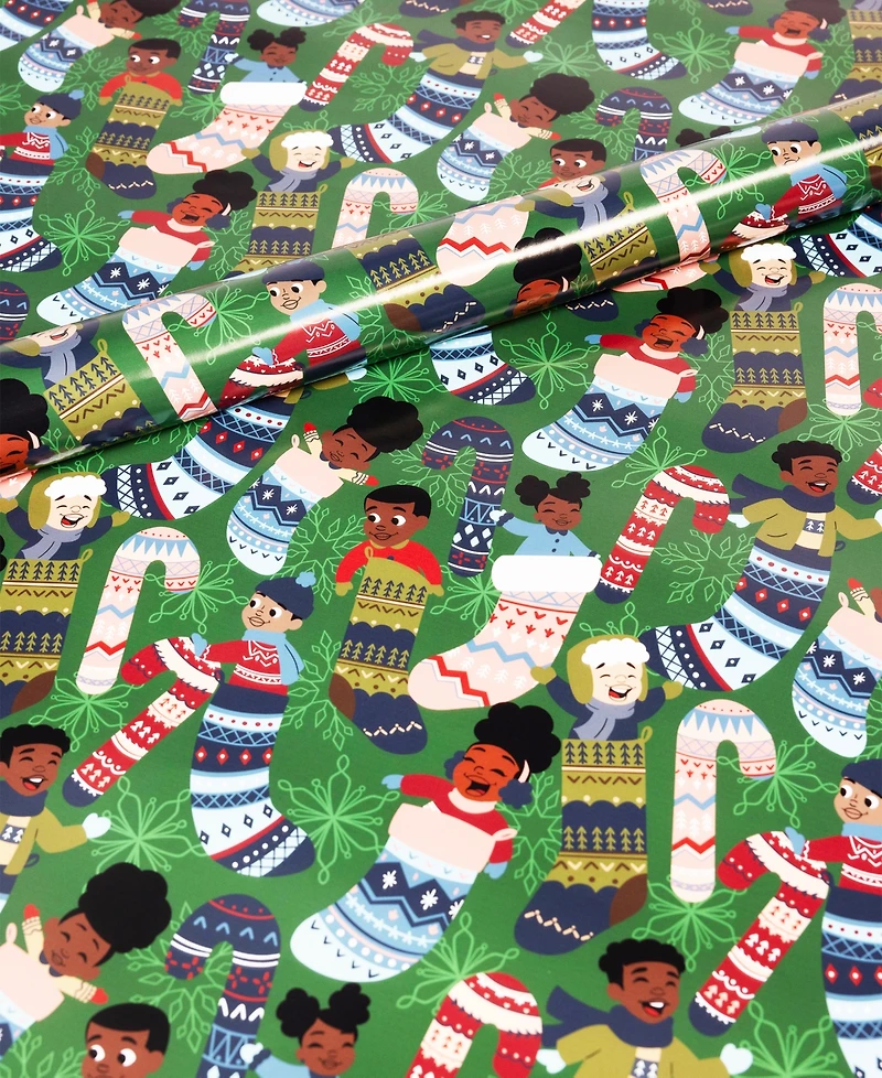 Black Paper Party Kids in Stockings Gift Wrap