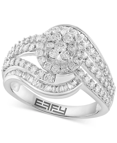 Effy Diamond Round & Baguette Swirl Halo Cluster Ring (1-1/5 ct. t.w.) in 14k White Gold