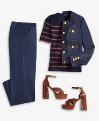 Tahari Asl Womens Denim Cropped Jacket Striped Sweater T Shirt Denim Trousers