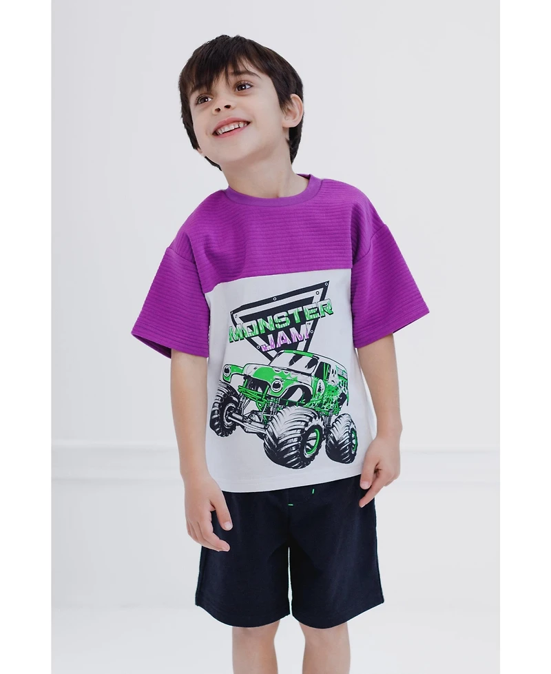 Monster Jam Boys Grave Digger Ottoman Ribbed T-Shirt and French Terry Shorts Outfit Set