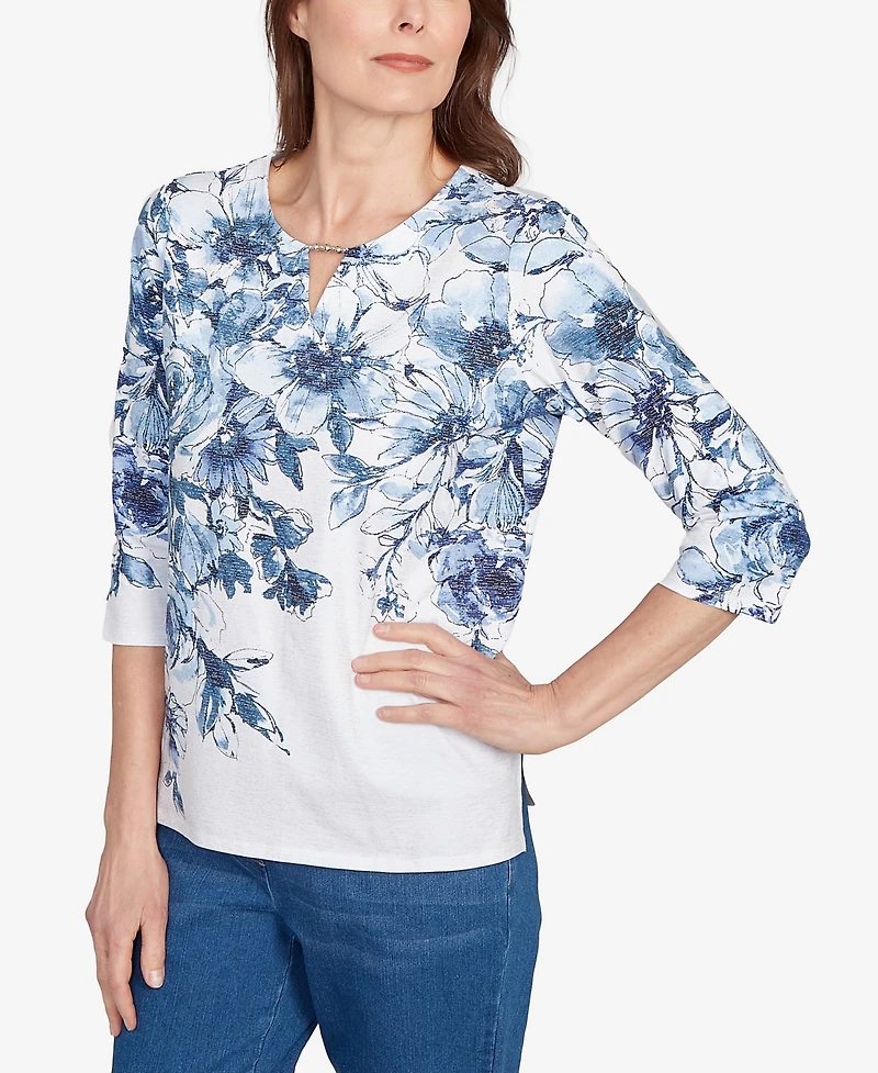 Alfred Dunner Petite Floral Split Beaded Top