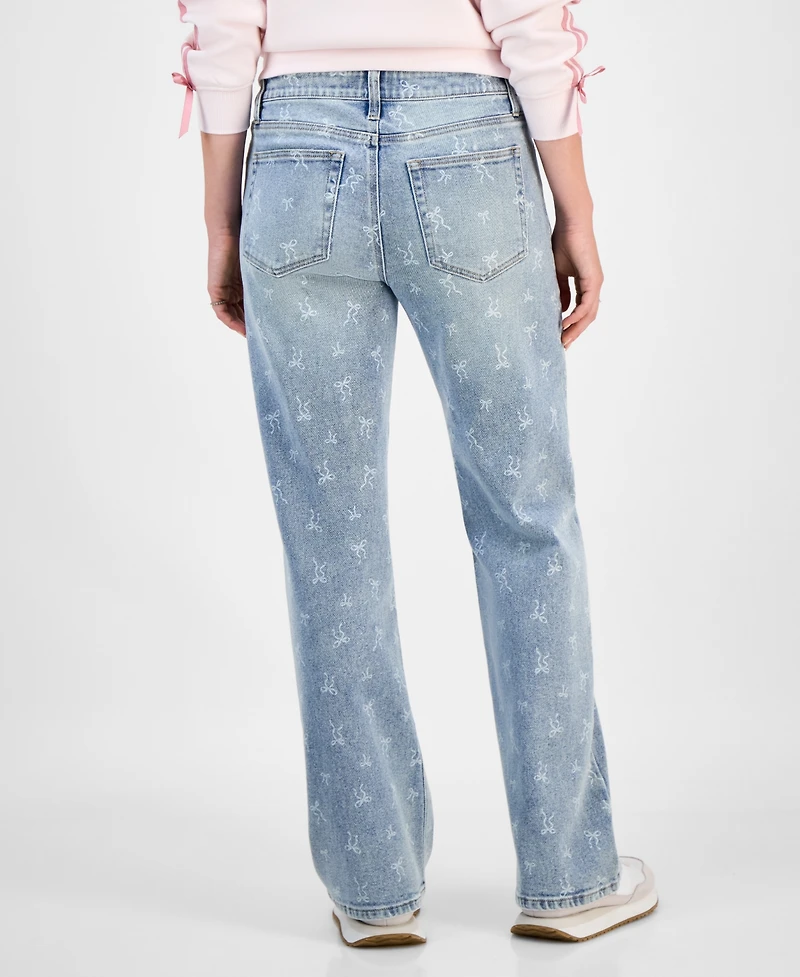 Tinseltown Juniors' Mid-Rise Bow-Print Baggy Jeans