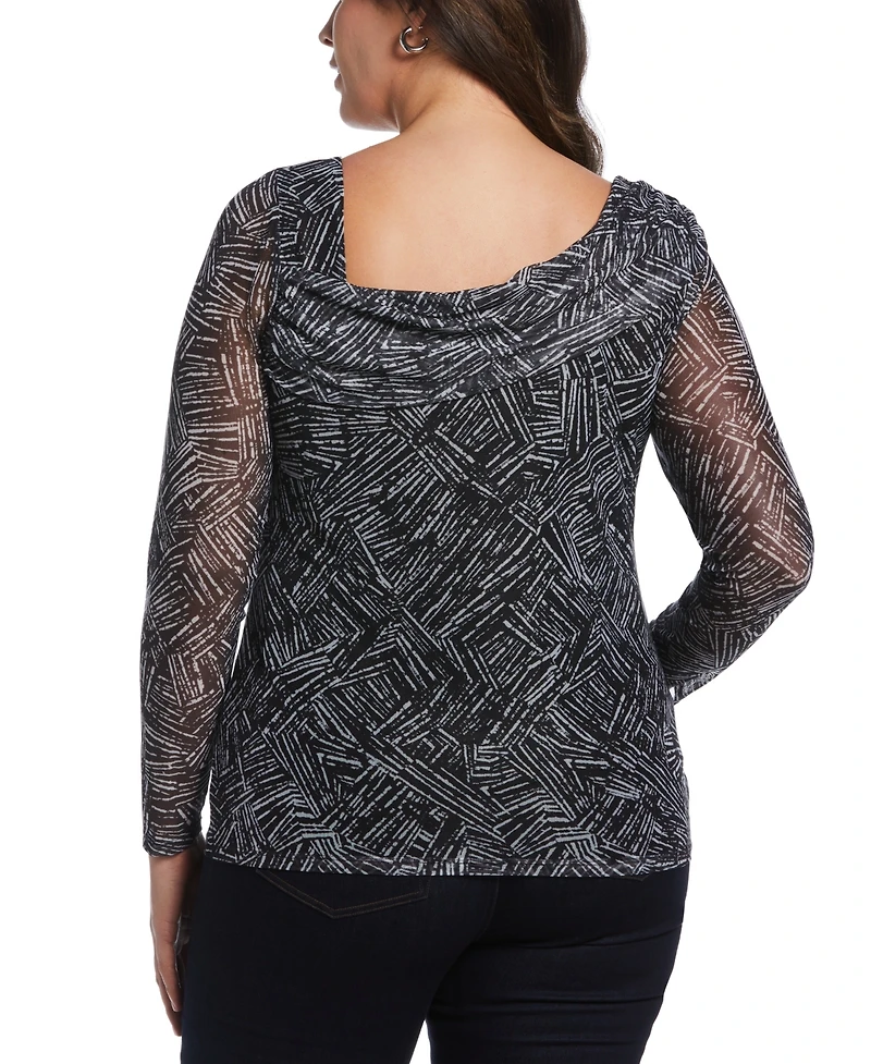 Ella Rafaella Plus Printed Asymmetrical Mesh Top
