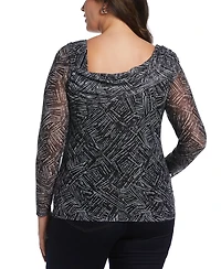 Ella Rafaella Plus Printed Asymmetrical Mesh Top