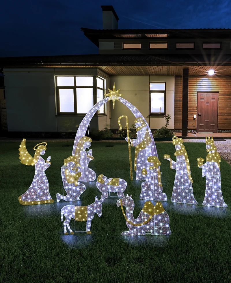 Glitzhome Lighted Fabric Christmas 2D Iridescent Nativity Scene Outdoor Decor, Set of 11
