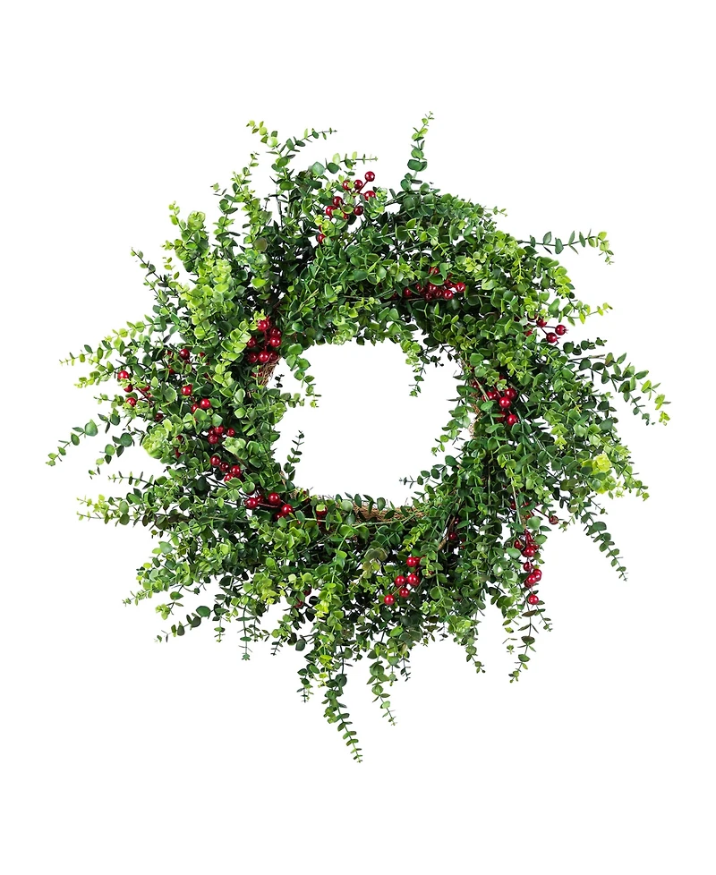 Glitzhome 28" Polyethylene Christmas Dripping Eucalyptus Wreath with Berries