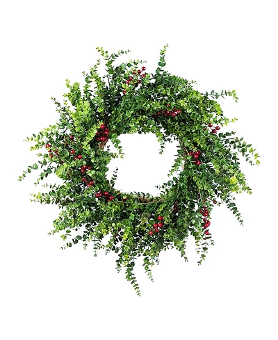 Glitzhome 28" Polyethylene Christmas Dripping Eucalyptus Wreath with Berries