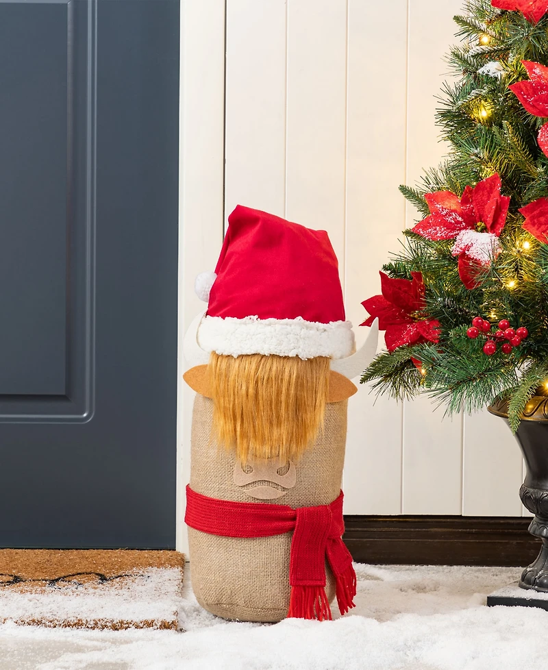 Glitzhome 20" Polyester Christmas Linen Highland Cow Doorstop Porch Decor