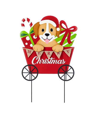 Glitzhome 24" Metal Christmas Dog and Gift Cart Yard Stake