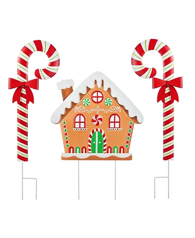 Glitzhome Metal Christmas Gingerbread House and Candy Cane Yard Stakes, Set of 3