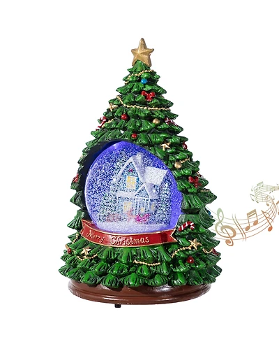 Glitzhome 100mm Lighted Resin Christmas Musical Snowflakes Christmas Tree Water Globe