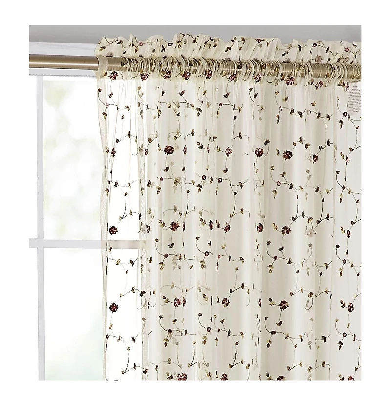 Kate Aurora 1 Piece Shabby Chic Elegant Vintage Rose Embroidered Floral Rod Pocket Sheer Curtain Panel