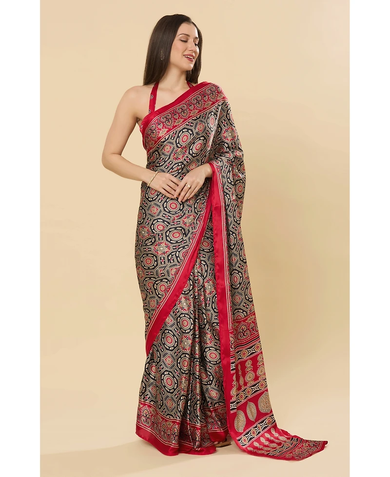 One Minute Saree Women's Zoya Ajrakh Red Ready to Wear Satin Printed One Minute Saree