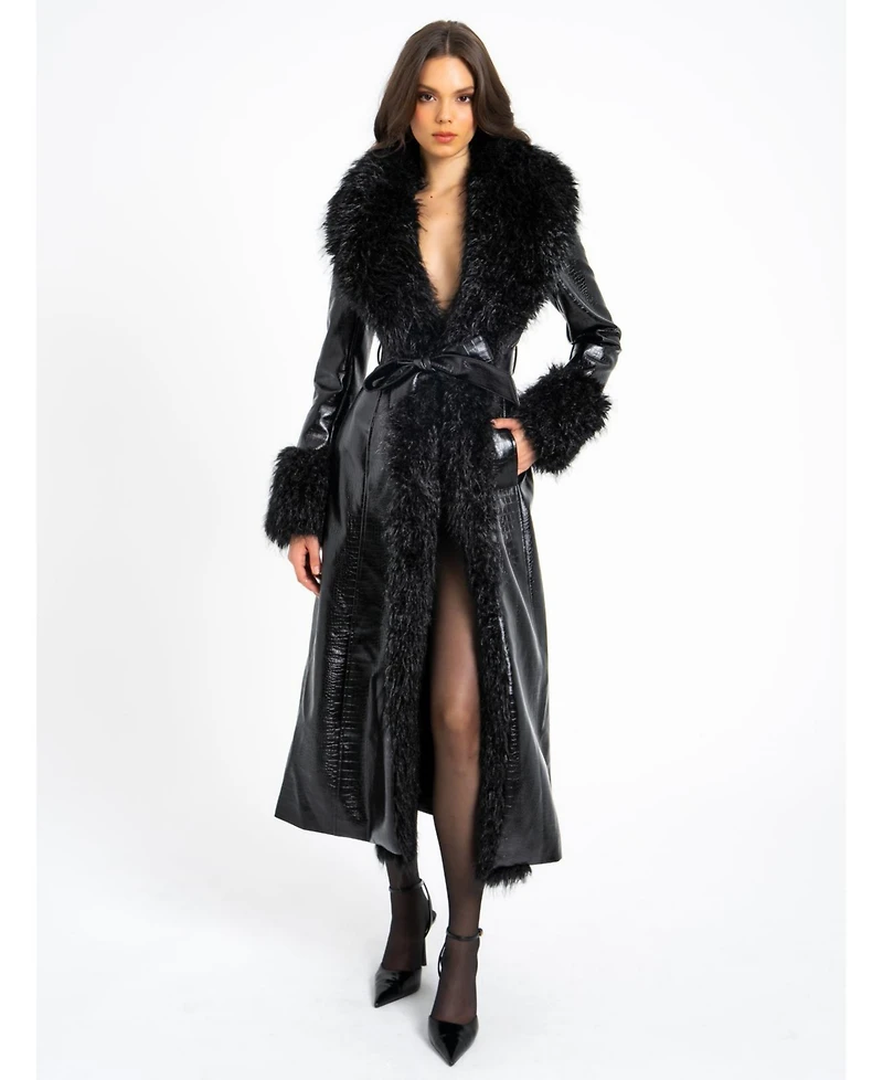 Miss Circle Women's Zella Black Fur Trim Faux Croc Leather Coat