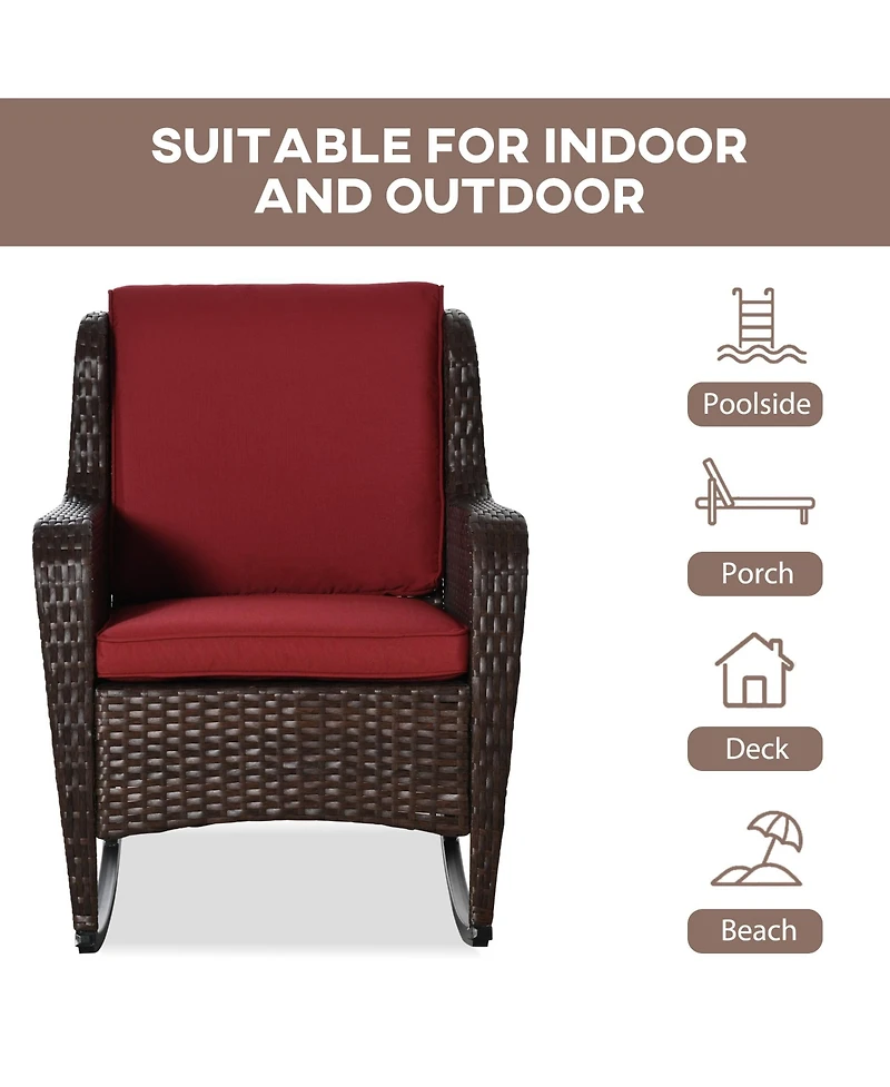 Outsunny Wicker Rocking Chair, Outdoor Rocker w/ Cushions, Wine