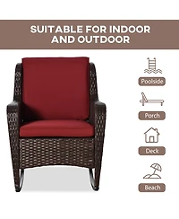 Outsunny Wicker Rocking Chair, Outdoor Rocker w/ Cushions, Wine