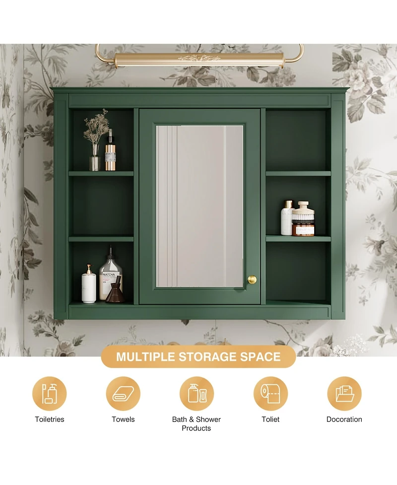 Casainc 35" x 27.5" Bathroom Mirror Cabinet with 6 Open Shelves, Wall Mounted Medicine (No Vanity)