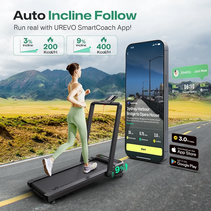 Urevo Climber Smart Treadmill with 9% Auto Incline