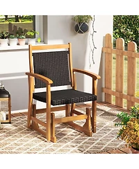 Gymax Patio Rattan Glider Chair with Acacia Wood Frame and Wicker Seat Back Armrests