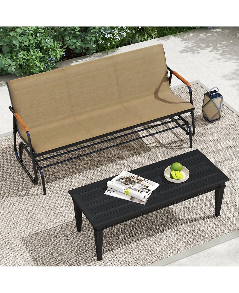 Costway Patio Glider Bench for 3 Swing Gliding Loveseat with Curved Teak Armrests for Porch