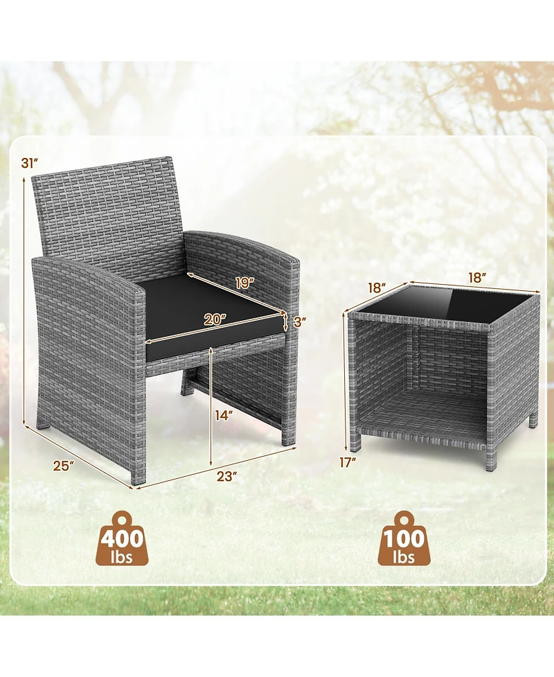 Slickblue Outdoor 3-Piece Conversation Set with 2 Padded Chairs and Glass-Top Coffee Table for Patio or Deck