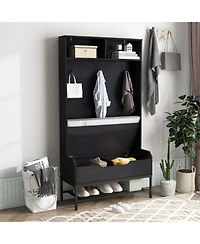 Slickblue Tall Coat Rack Hall Tree with Padded Seat and Shoe Storage – All-in-One Entryway Organizer