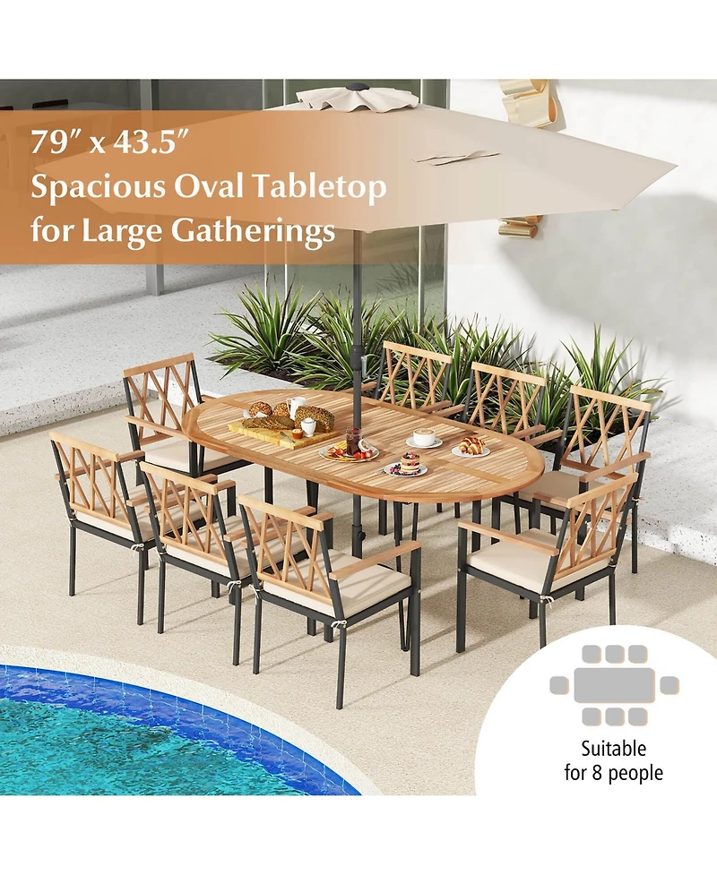 Gymax 79'' Patio Dining Table w/ Umbrella Hole Acacia Wood Tabletop & Sturdy Metal Legs