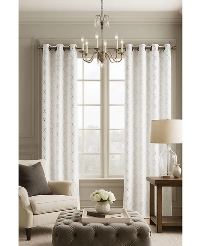 Kate Aurora 2 Pack Metallic Silver & White Lattice Clover Ultra Luxurious Window Curtains