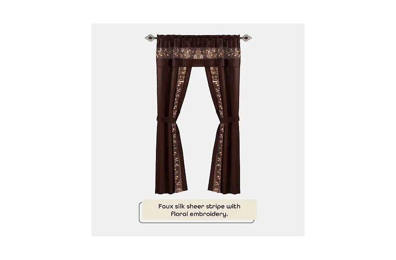 Kate Aurora Complete 5 Pc Window a Bag Embroidered Floral Country Flax Sheer Curtain & Valance Set