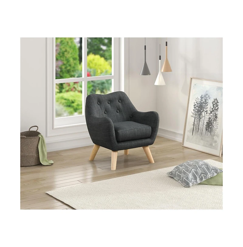 Cesicia 19.5"W Gray Linen Kids Chair with Button Tufted Back and Wooden Legs