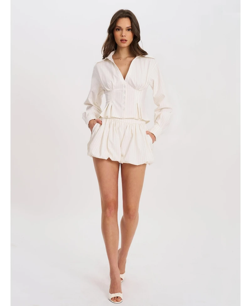 Miss Circle Women Sylvia White Pinstripe Deep V Pleated Shirt