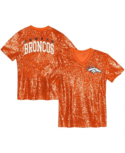 Outerstuff Big Girls Orange Denver Broncos Wordmark Sequin V-Neck Top