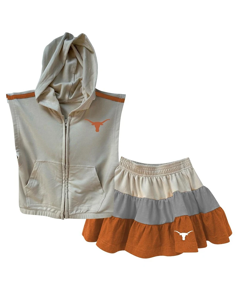 Wes & Willy Girls Toddler Tan Texas Longhorns Tri-Blend Sleeveless Full-Zip Hoodie Tiered Skirt Set