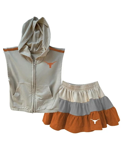 Wes & Willy Girls Toddler Tan Texas Longhorns Tri-Blend Sleeveless Full-Zip Hoodie Tiered Skirt Set