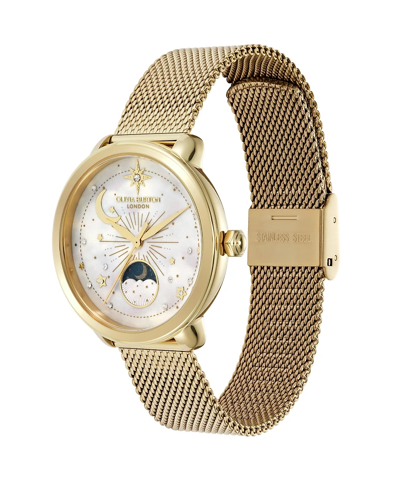 Olivia Burton Women's Moonphase Gold Tone Stainless Steel Mesh Bracelet Watch, 34mm