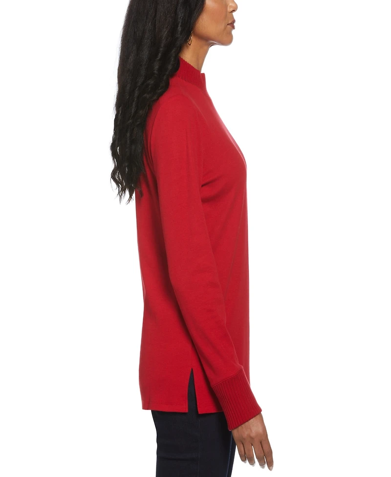 Rafaella Petite Rivet Detail Mock Neck Long Sleeve Top
