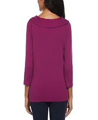 Rafaella Petite Ribbed Marilyn Neck 3/4 Sleeve Top with Decorative Brooch