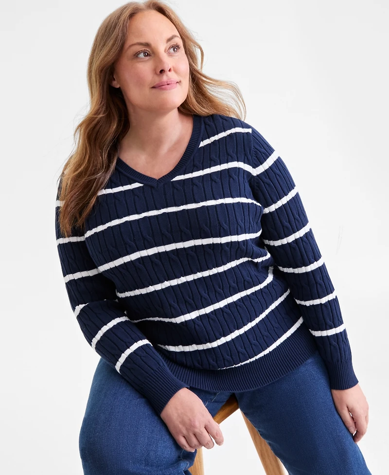 Style & Co Plus Size Cotton Cable-Knit V-Neck Stripe Sweater, Created for Macy's
