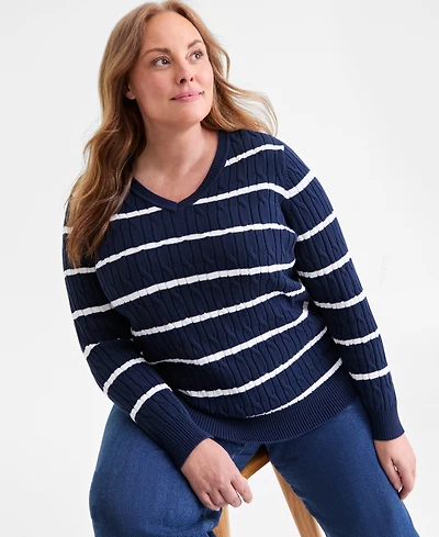 Style & Co Plus Size Cotton Cable-Knit V-Neck Stripe Sweater, Created for Macy's