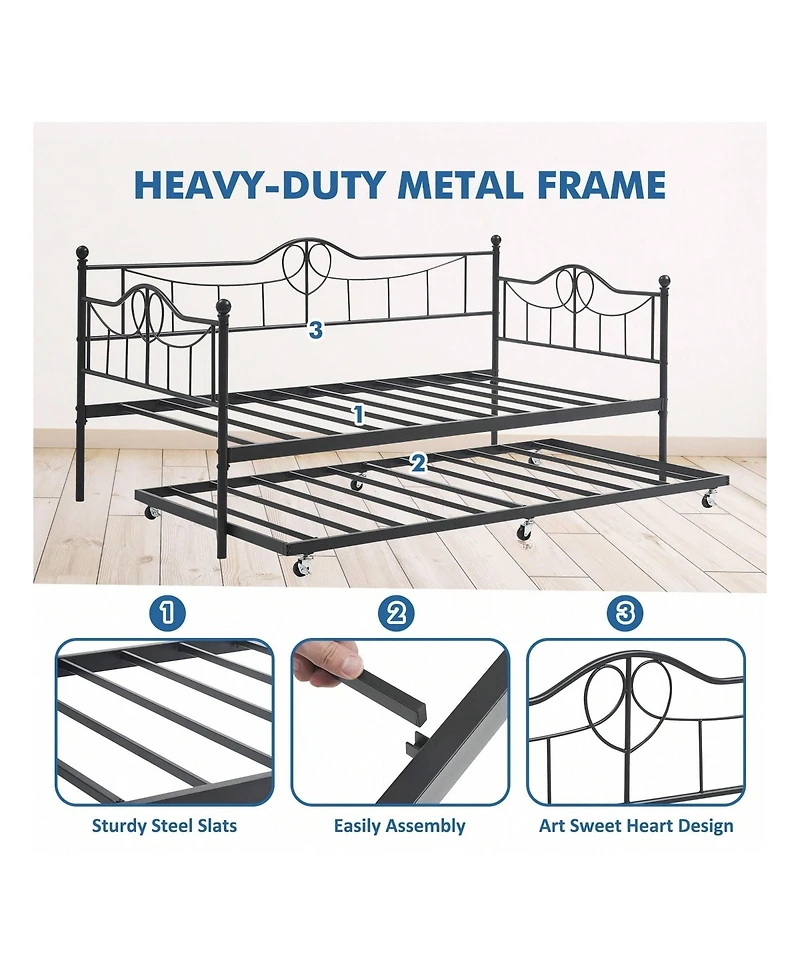 gaomon Metal Twin Daybed and Pull-Out Trundle Set, Size, Steel Slat Support, Sofa Bed Frame for Living Room, Bedroom, Guest Room