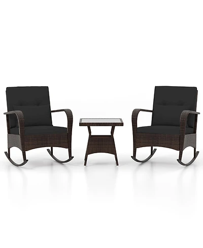 Slickblue 3-Piece Pe Wicker Rocking Chair Patio Set with Tempered Glass Table – Ideal for Poolside, Backyard, or Porch