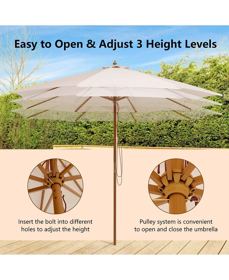 Mecale 10 Feet Patio Umbrella with 8 Wooden Ribs and 3 Adjustable Heights