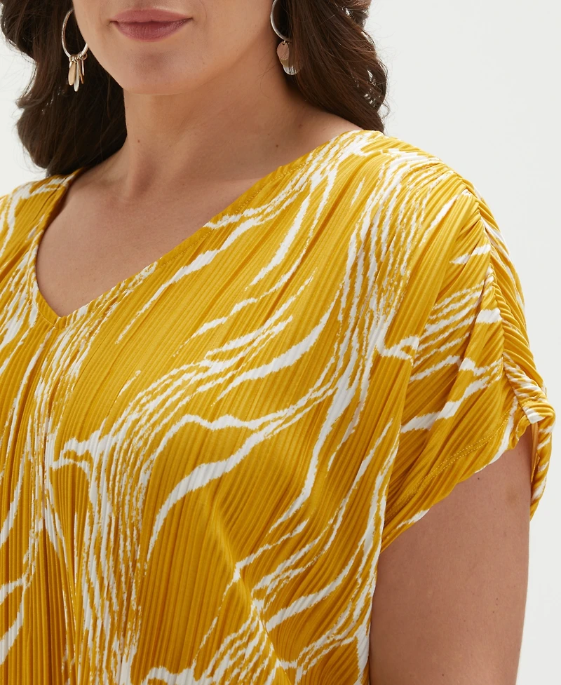 Ella Rafaella Plus Ripple Print V-Neck Plisse Short Sleeve Top