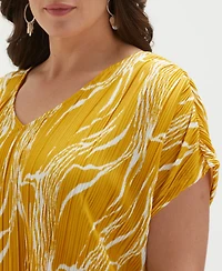 Ella Rafaella Plus Ripple Print V-Neck Plisse Short Sleeve Top