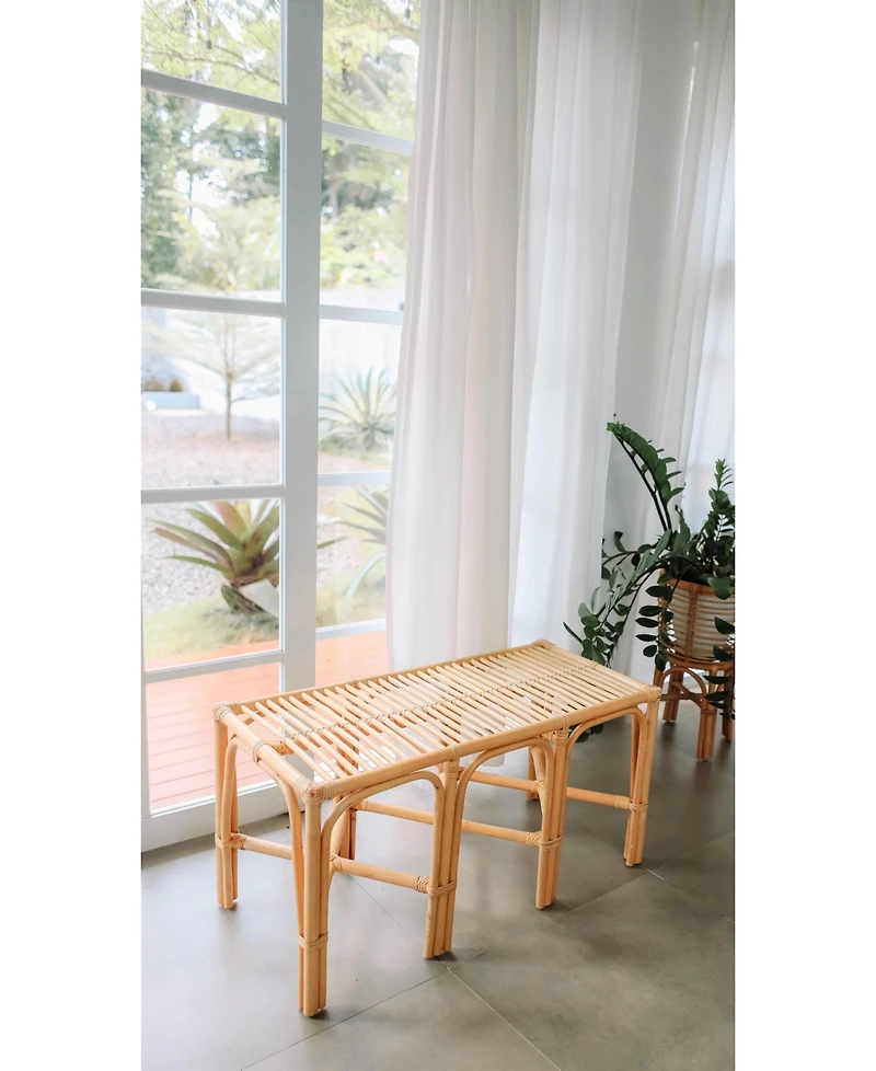 Nordlys - Natural Rattan and Beige Fabric Bench Exotic Boho Upholstery Entry