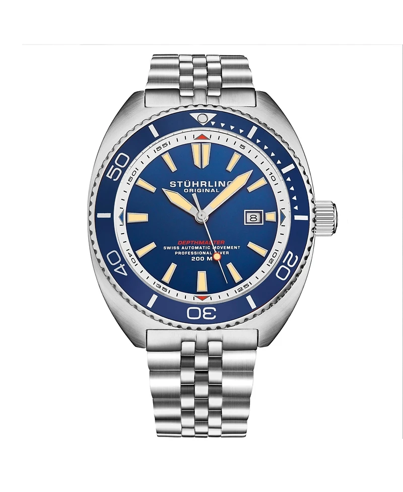 Stuhrling 1008 Men s Automatic Watch Swiss Movement Tonneau Stainless Steel Case Blue Dial Jubilee Bracelet 200M Water Resistant Date Window Diver